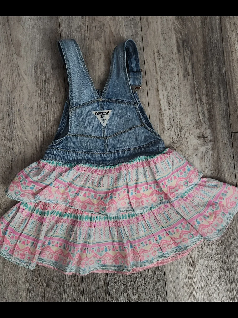 Vintage OshKosh B'gosh Denim Overall Dress with Pink and Mint Patterned Skirt